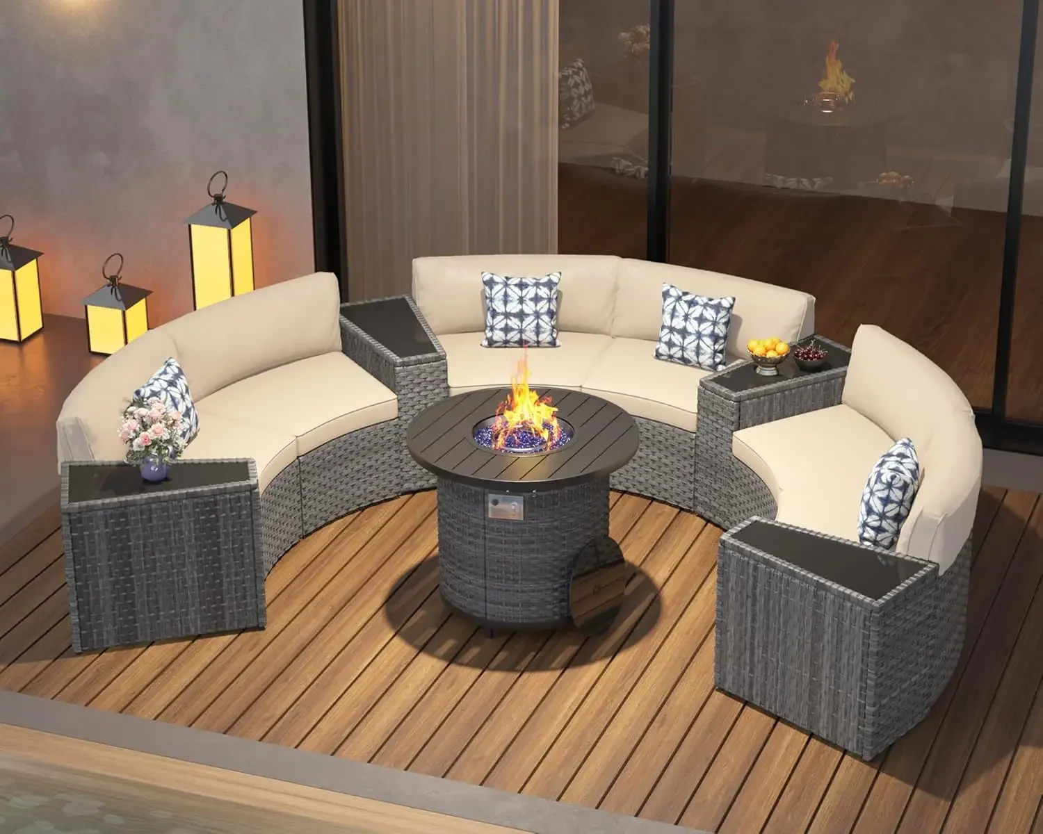 Outdoor Furniture Fire Table - 32인치 화덕 테이블, 11피스 반달형 곡선