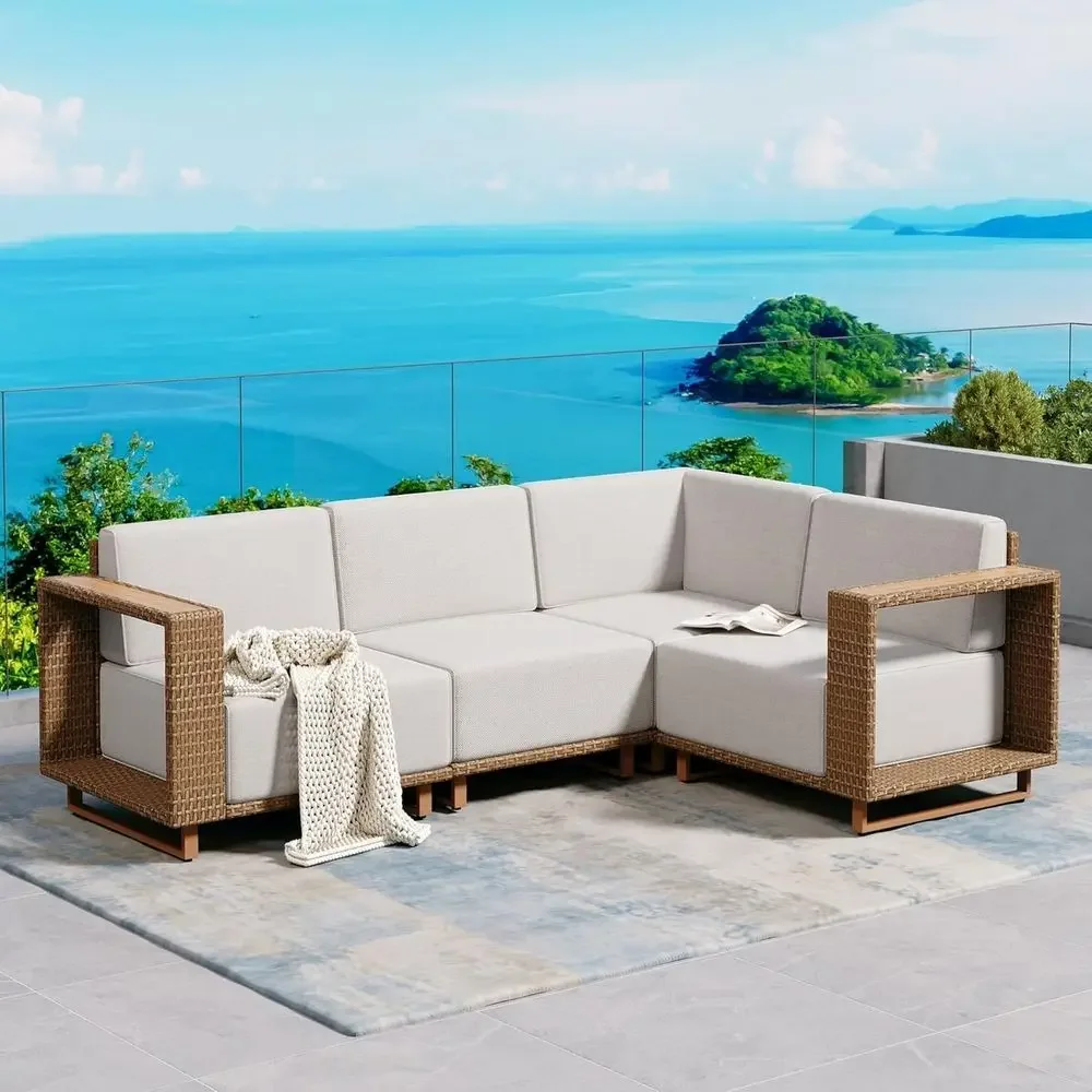 Outdoor Furniture Yellow - 두꺼운 쿠션이 있는 L자형 야외 섹셔널