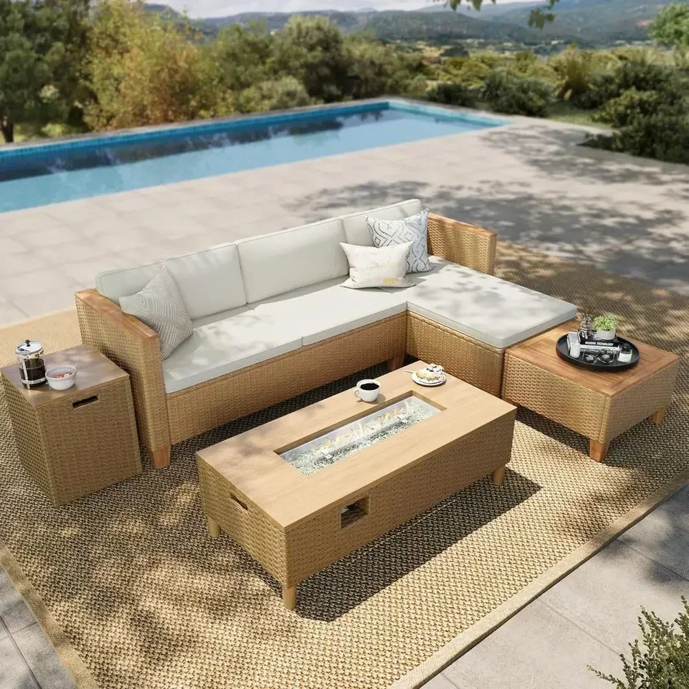 Outdoor Furniture Yellow - 4인용 야외 위커 섹셔널 세트(화덕 테이블
