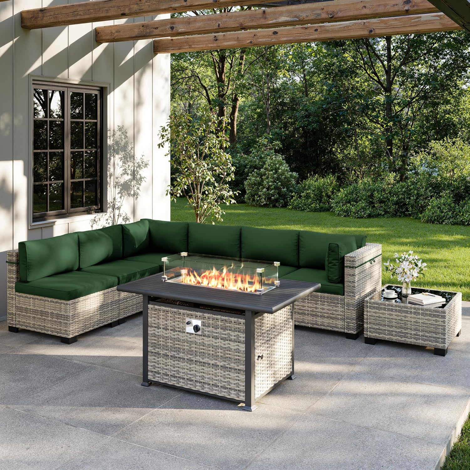 Outdoor Furniture Fire Table - 8피스 야외 파티오 가구 세트(55,000 BTU