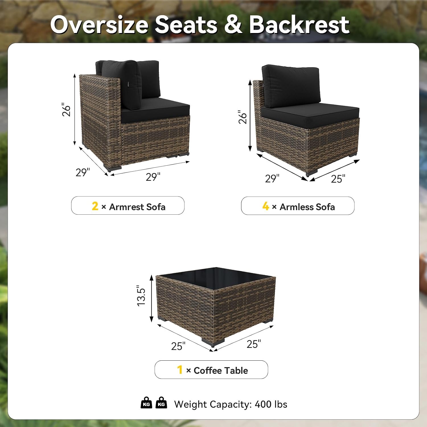 두꺼운 쿠션과 커피 테이블이 포함된 7피스 위커 파티오 - Outdoor Furniture Yellow 리뷰 및 가격