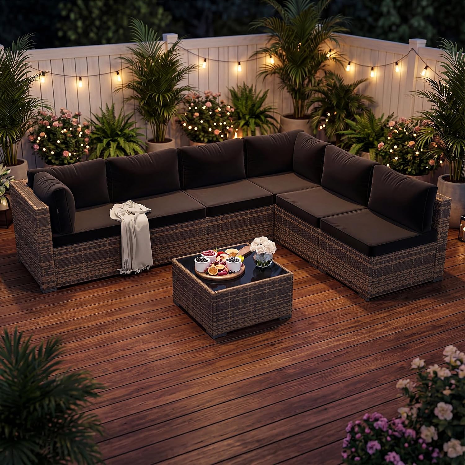 두꺼운 쿠션과 커피 테이블이 포함된 7피스 위커 파티오 - Outdoor Furniture Yellow 리뷰 및 가격