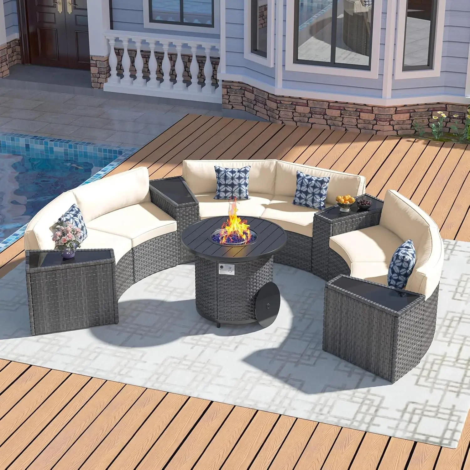 32인치 화덕 테이블, 11피스 반달형 곡선 야외 섹셔 - Outdoor Furniture Fire Table 리뷰 및 가격