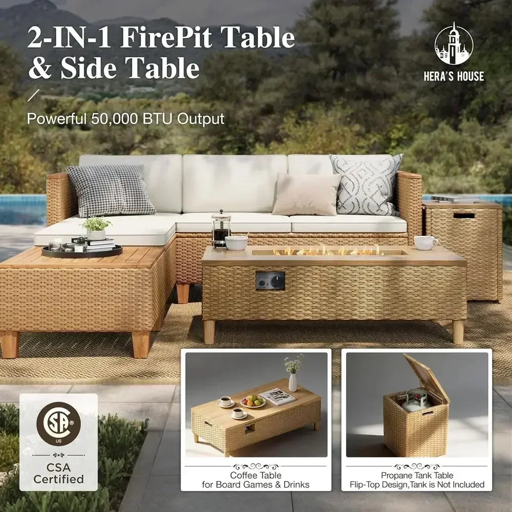 4인용 야외 위커 섹셔널 세트(화덕 테이블 포함), 노 - Outdoor Furniture Yellow 리뷰 및 가격