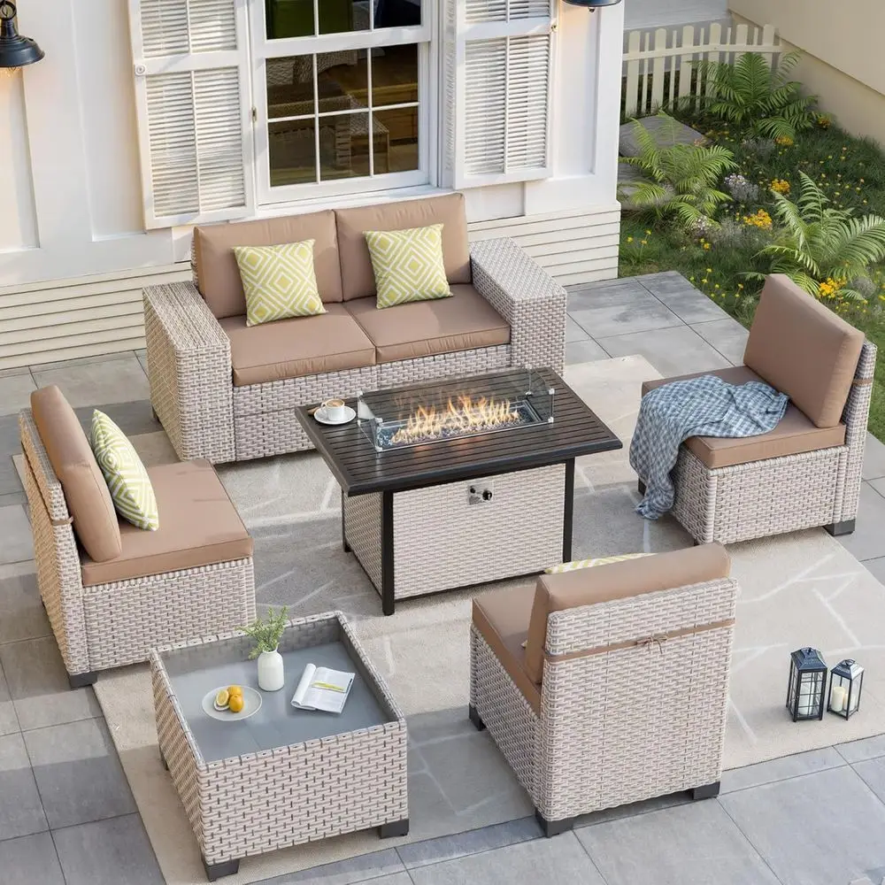 7피스 야외 파티오 가구 세트(화덕 포함), 유리 커피 - Outdoor Furniture Fire Table 리뷰 및 가격